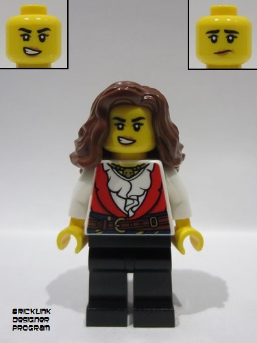 lego 2024 mini figurine bdp145 Pirate Female, Red Vest over White Shirt, Black Legs, Reddish Brown Hair 