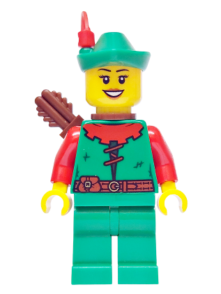 lego 2025 mini figurine adp167 Forest Stronghold Forestwoman Red, Green Hat, Red Feather, Quiver, Open Mouth Smile 
