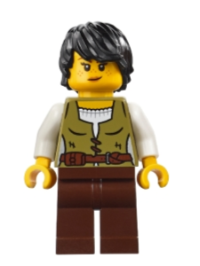 lego 2025 mini figurine adp181 Medieval Seaside Market Snake Charmer Female, Vest over White Shirt, Dark Brown Legs, Black Hair 