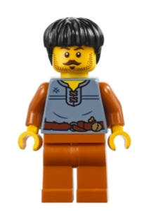 lego 2025 mini figurine adp183 Medieval Seaside Market Wine Seller Male, Sand Blue Vest, Dark Orange Legs, Black Hair 