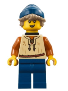 lego 2025 mini figurine adp186 Medieval Seaside Market Fisher Female, Tan Vest, Dark Blue Legs, Neck Bracket, Dark Tan Hair, Dark Blue Beanie 