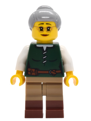 lego 2025 mini figurine adp188 Riverside Scholars Female, Dark Green Laced Shirt, Dark Tan Legs with Molded Reddish Brown Boots, Light Bluish Gray Hair with Top Knot Bun 