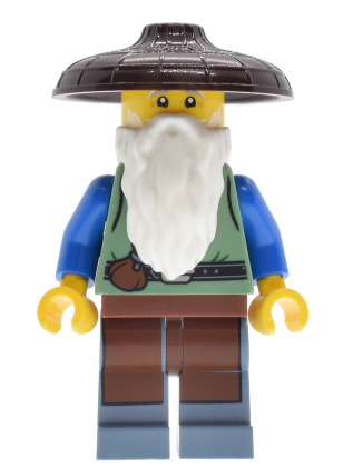 lego 2025 mini figurine adp190 Riverside Scholars Male, Sand Green Vest, Reddish Brown Apron, Sand Blue Legs, Dark Brown Conical Hat, White Beard 