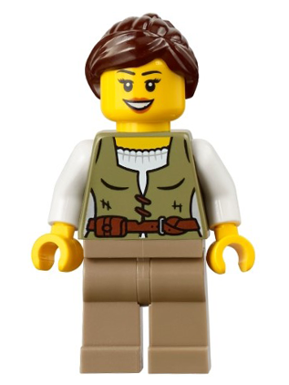 lego 2025 mini figurine adp191 Riverside Scholars Female, Olive Green Vest, Dark Tan Legs, Dark Brown Ponytail 