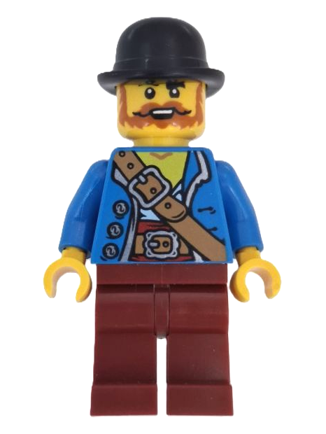lego 2025 mini figurine adp192 Wild West Train Bandit Male, Blue Jacket, Dark Red Legs, Black Bowler Hat 