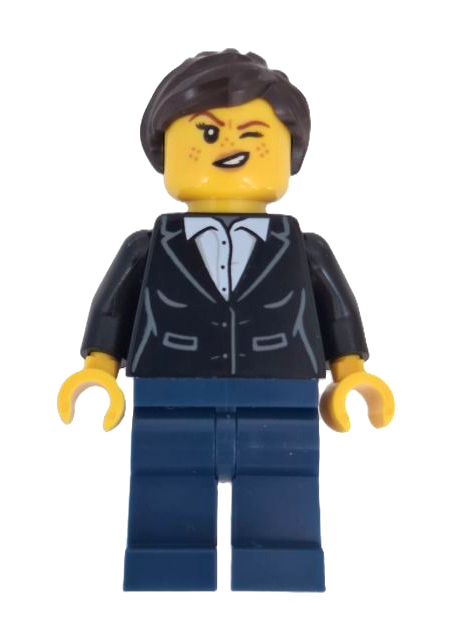 lego 2025 mini figurine adp193 Wild West Train Bandit Female, Black Jacket over White Shirt, Dark Blue Legs, Dark Brown Ponytail 