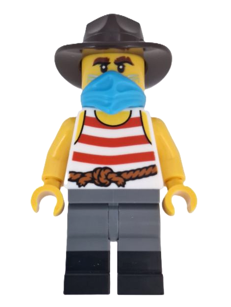 lego 2025 mini figurine adp194 Wild West Train Bandit Male, White Tank Top with Red Stripes, Dark Bluish Gray Legs with Black Boots, Dark Azure Bandana, Dark Brown Fedora 