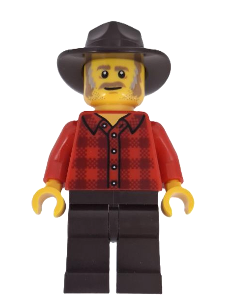 lego 2025 mini figurine adp195 Wild West Train Stable Hand Male, Red Plaid Flannel Shirt, Dark Brown Legs and Fedora 