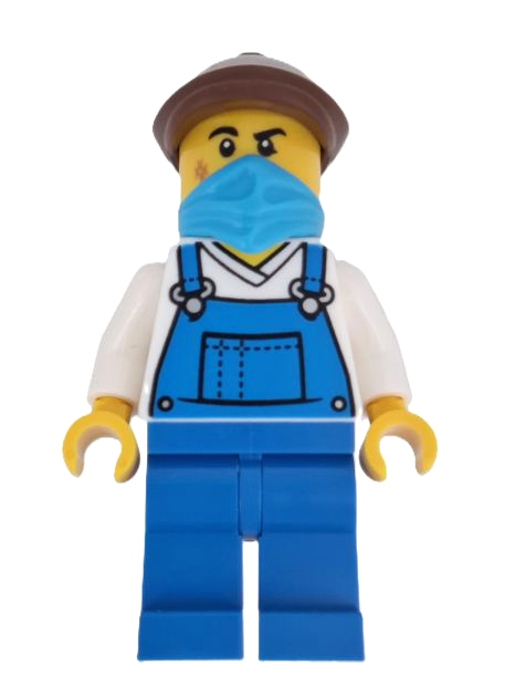lego 2025 mini figurine adp196 Wild West Train Stable Hand Male, Blue Overalls, Blue Legs, Dark Azure Bandana, Reddish Brown Flat Cap 