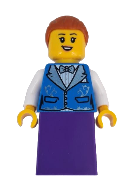 lego 2025 mini figurine adp197 Wild West Train Passenger Female, Blue Vest, Dark Purple Skirt, Dark Orange Hair with Bun 