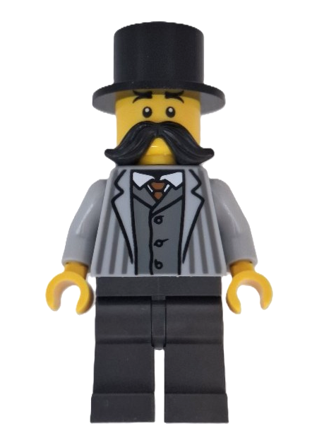 lego 2025 mini figurine adp198 Wild West Train Passenger Male, Light Bluish Gray Striped Jacket, Pearl Dark Gray Legs, Black Moustache and Top Hat 