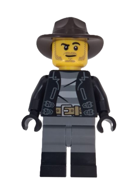 lego 2025 mini figurine adp199 Wild West Train Cowboy Male, Black Jacket, Dark Bluish Gray Legs with Black Boots, Dark Brown Fedora 