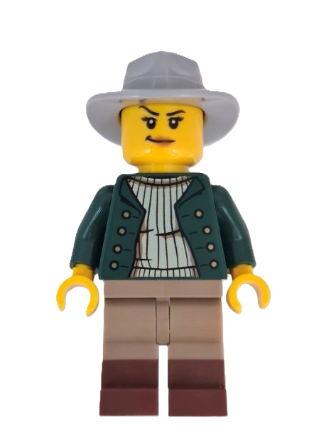 lego 2025 mini figurine adp200 Wild West Train Cowboy Female, Dark Green Jacket, Dark Tan Legs with Reddish Brown Boots, Light Bluish Gray Fedora 
