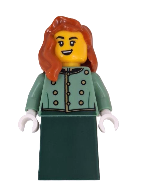 lego 2025 mini figurine adp201 Wild West Train Passenger Female, Sand Green Vest, Dark Green Skirt, Dark Orange Hair Over Shoulder 