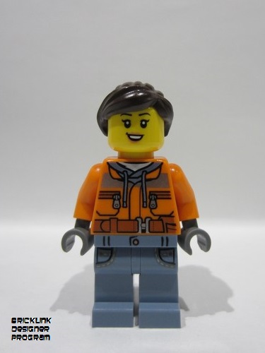 lego 2025 mini figurine bdp150 Harbormaster's Office Attendant Orange Safety Jacket, Sand Blue Legs with Pockets, Dark Brown Ponytail 