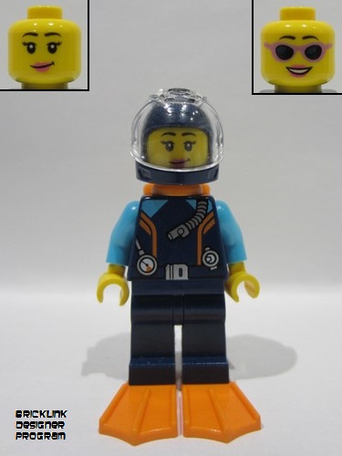 lego 2025 mini figurine bdp151 Harbormaster's Office Diver Dark Blue Diving Suit and Helmet, Orange Air Tanks and Flippers, Trans-Clear Visor 