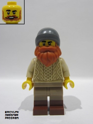 lego 2025 mini figurine bdp152 Harbormaster's Office Fisherman Tan Knit Cable Sweater, Dark Tan Legs with Molded Reddish Brown Boots, Dark Bluish Gray Beanie, Dark Orange Beard 