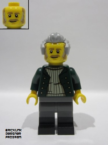lego 2025 mini figurine bdp153 Harbormaster's Office Harbormaster Dark Green Open Jacket, Dark Bluish Gray Legs with Molded Black Boots, Light Bluish Gray Swept Back Hair 