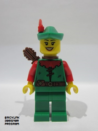 lego 2025 mini figurine bdp167 Forest Stronghold Forestwoman Red, Green Hat, Red Feather, Quiver, Open Mouth Smile 