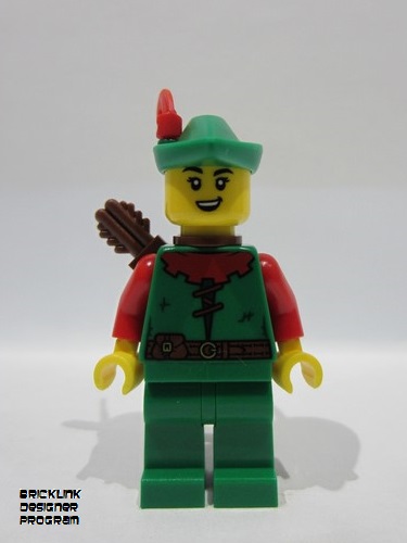lego 2025 mini figurine bdp175 Forest Stronghold Forestwoman Red, Green Hat, Red Feather, Quiver, Open Mouth Smile 