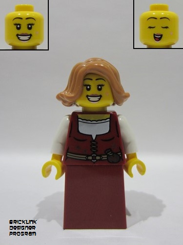 lego 2025 mini figurine bdp179 Medieval Seaside Market Baker Female, Dark Red Dress, Medium Nougat Hair 