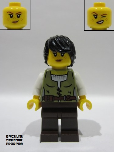 lego 2025 mini figurine bdp181 Medieval Seaside Market Snake Charmer Female, Vest over White Shirt, Dark Brown Legs, Black Hair 