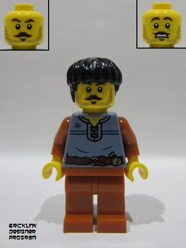 lego 2025 mini figurine bdp183 Medieval Seaside Market Wine Seller Male, Sand Blue Vest, Dark Orange Legs, Black Hair 