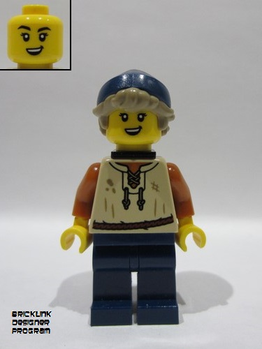 lego 2025 mini figurine bdp186 Medieval Seaside Market Fisher Female, Tan Vest, Dark Blue Legs, Neck Bracket, Dark Tan Hair, Dark Blue Beanie 