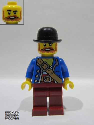 lego 2025 mini figurine bdp192 Wild West Train Bandit Male, Blue Jacket, Dark Red Legs, Black Bowler Hat 