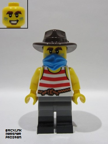 lego 2025 mini figurine bdp194 Wild West Train Bandit Male, White Tank Top with Red Stripes, Dark Bluish Gray Legs with Black Boots, Dark Azure Bandana, Dark Brown Fedora 