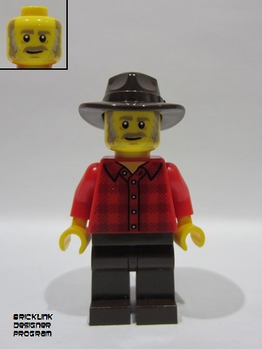 lego 2025 mini figurine bdp195 Wild West Train Stable Hand Male, Red Plaid Flannel Shirt, Dark Brown Legs and Fedora 