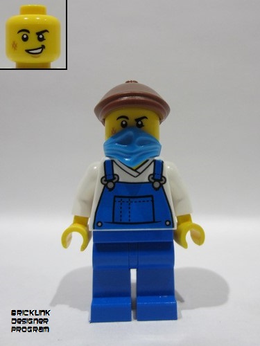 lego 2025 mini figurine bdp196 Wild West Train Stable Hand Male, Blue Overalls, Blue Legs, Dark Azure Bandana, Reddish Brown Flat Cap 