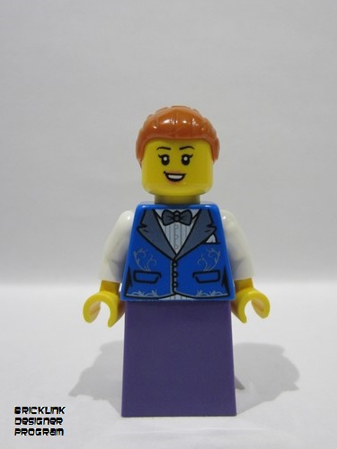 lego 2025 mini figurine bdp197 Wild West Train Passenger Female, Blue Vest, Dark Purple Skirt, Dark Orange Hair with Bun 