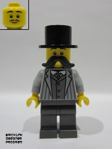 lego 2025 mini figurine bdp198 Wild West Train Passenger Male, Light Bluish Gray Striped Jacket, Pearl Dark Gray Legs, Black Moustache and Top Hat 