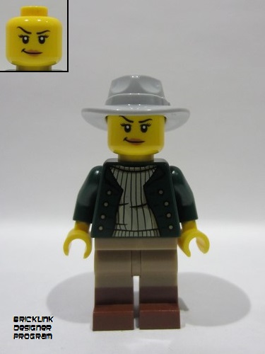 lego 2025 mini figurine bdp200 Wild West Train Cowboy Female, Dark Green Jacket, Dark Tan Legs with Reddish Brown Boots, Light Bluish Gray Fedora 