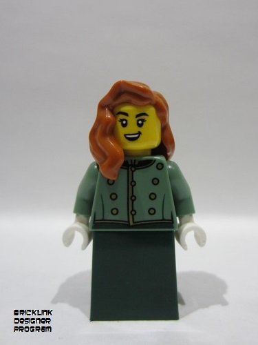 lego 2025 mini figurine bdp201 Wild West Train Passenger Female, Sand Green Vest, Dark Green Skirt, Dark Orange Hair Over Shoulder 