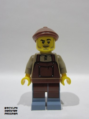 lego 2025 mini figurine bdp204 Merchant Boat Mechanic Male, Dark Tan Shirt with Reddish Brown Apron, Sand Blue Legs, Reddish Brown Flat Cap, Stubble 