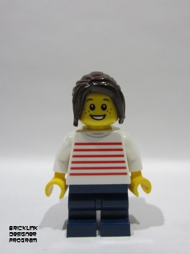 lego 2025 mini figurine bdp205 Merchant Boat - Girl White Sweater with Red Horizontal Stripes, Dark Blue Medium Legs, Dark Brown Hair Ponytail Long with Side Bangs, Freckles 