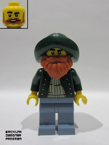 lego 2025 mini figurine bdp207 Merchant Boat Captain Male, Dark Green Open Jacket, Sand Blue Legs, Dark Green Hat, Dark Orange Beard 