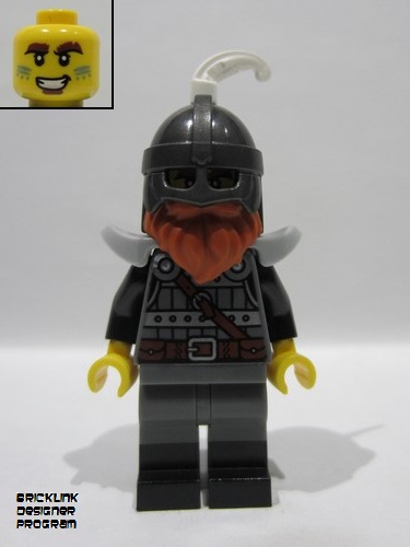 lego 2025 mini figurine bdp210 Knight Male, Dark Bluish Gray and Silver Armor, Black Boots, Pearl Dark Gray Helmet, White Feather, Dark Orange Beard, Light Bluish Gray Shoulder Pads 