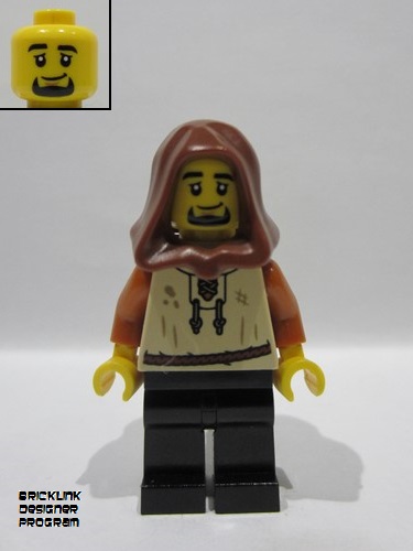 lego 2025 mini figurine bdp214 Peasant Male, Tan Vest, Black Legs, Reddish Brown Hood, Dark Tan Backpack 