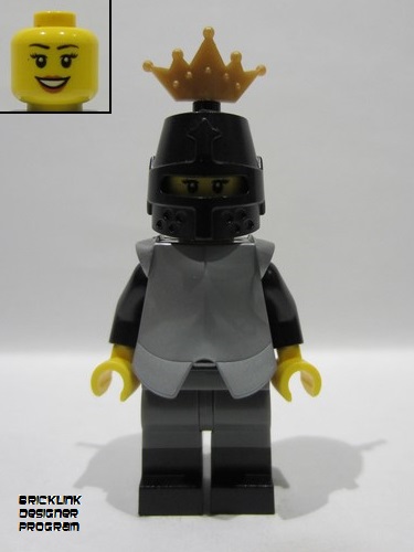 lego 2025 mini figurine bdp219 Knight Female, Dark Bluish Gray and Silver Armor, Black Boots, Black Helmet, Pearl Gold Crown, Flat Silver Breastplate 