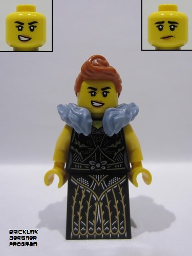 lego 2025 mini figurine bdp220 Queen Black Dress with Gold and Silver Lines, Dark Orange Hair, Sand Blue Fur Collar 