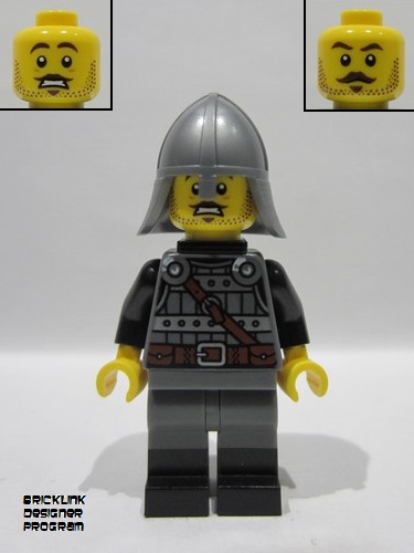lego 2025 mini figurine bdp222 Knight Male, Dark Bluish Gray and Silver Armor, Black Boots, Flat Silver Helmet with Neck Protector, Neck Bracket with Clip 