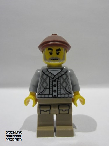 lego 2025 mini figurine bdp224 Antique Shop Male, Light Bluish Gray Knit Cable Cardigan Sweater, Dark Tan Legs with Pockets, Reddish Brown Flat Cap 