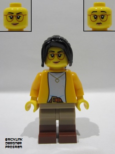 lego 2025 mini figurine bdp225 Antique Shop Female, Bright Light Orange Jacket, Dark Tan Legs with Molded Reddish Brown Boots, Black Ponytail 