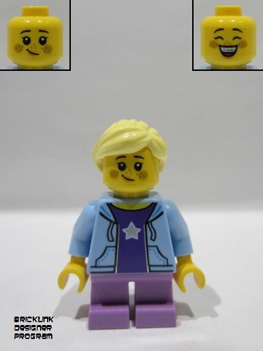 lego 2025 mini figurine bdp226 Antique Shop Female Child, Bright Light Blue Hoodie over Dark Purple Shirt, Medium Lavender Short Legs, Bright Light Yellow Ponytail 