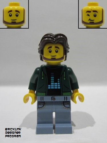 lego 2025 mini figurine bdp227 Antique Shop Male, Dark Green Hoodie, Sand Blue Legs with Pockets, Dark Brown Short Wavy Hair 