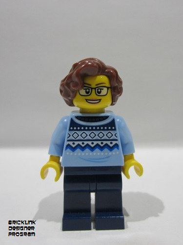 lego 2025 mini figurine bdp228 Antique Shop Antique Shop - Female, Bright Light Blue Knit Fair Isle Sweater, Dark Blue Legs, Reddish Brown Wavy Hair 