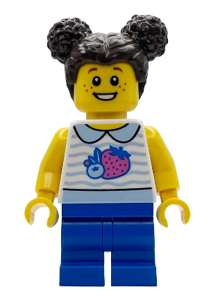 lego 2025 mini figurine bdp243 Popcorn Wagon Customer Child, White Collared Shirt with Fruit, Blue Medium Legs, Dark Brown Hair 